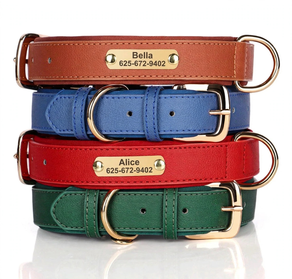 Personalized leather collar with free name engraving - soft, safe & stylish.