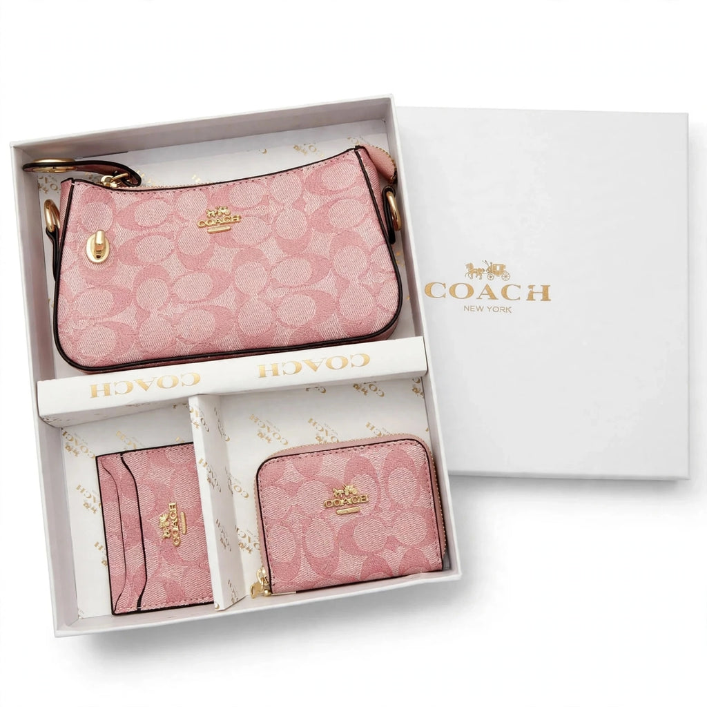Pink Signature 3-in-1 Shoulder Bag Gift Set - Crossbody Bag + Wallet + Card Holder