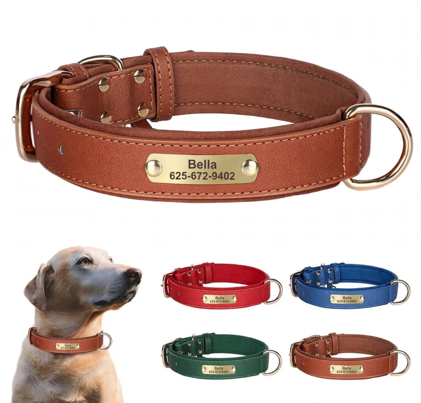 Personalized leather collar with free name engraving - soft, safe & stylish.