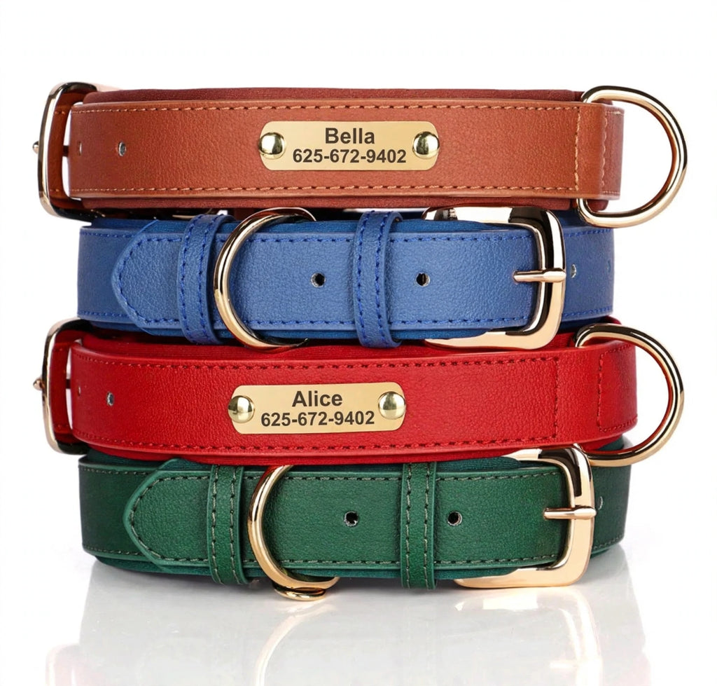 Personalized leather collar with free name engraving - soft, safe & stylish.