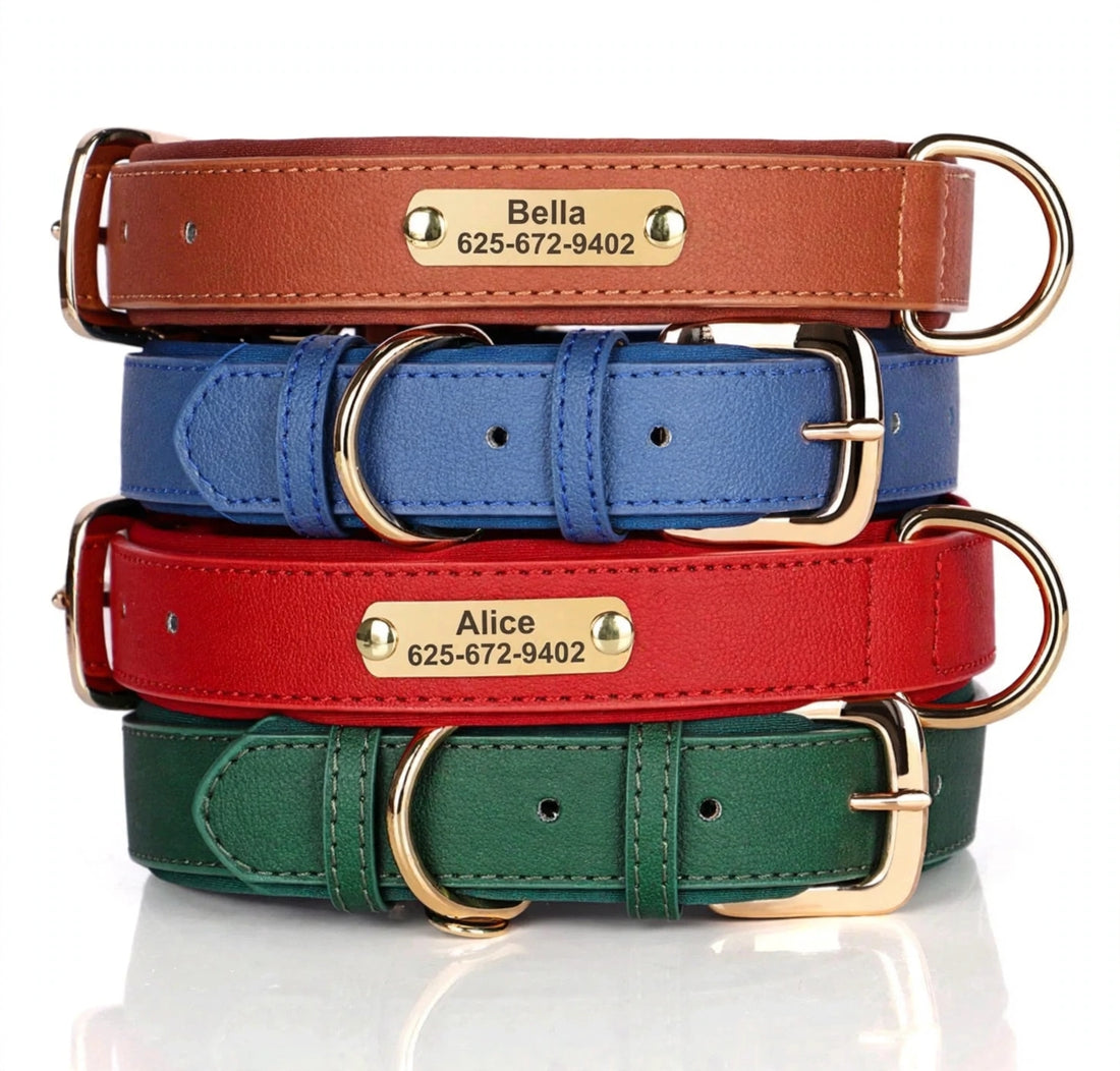 Personalized leather collar with free name engraving - soft, safe &amp; stylish.