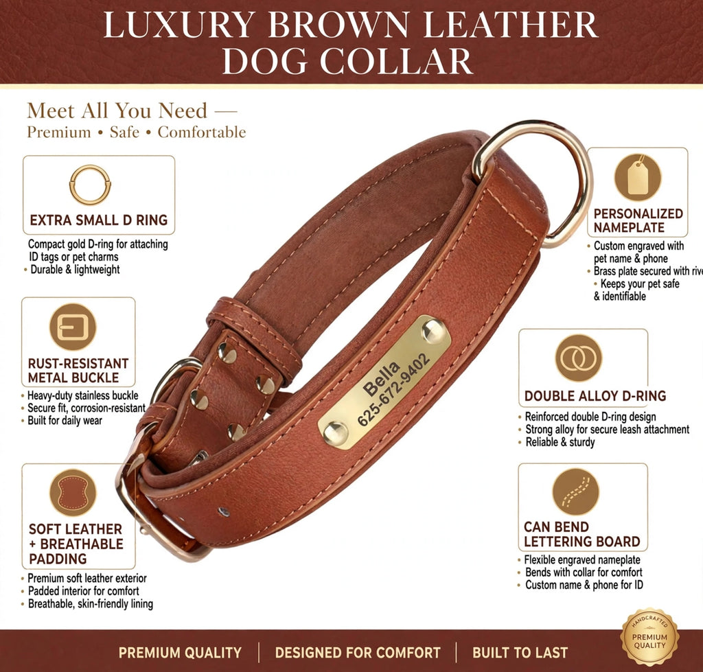 Personalized leather collar with free name engraving - soft, safe & stylish.
