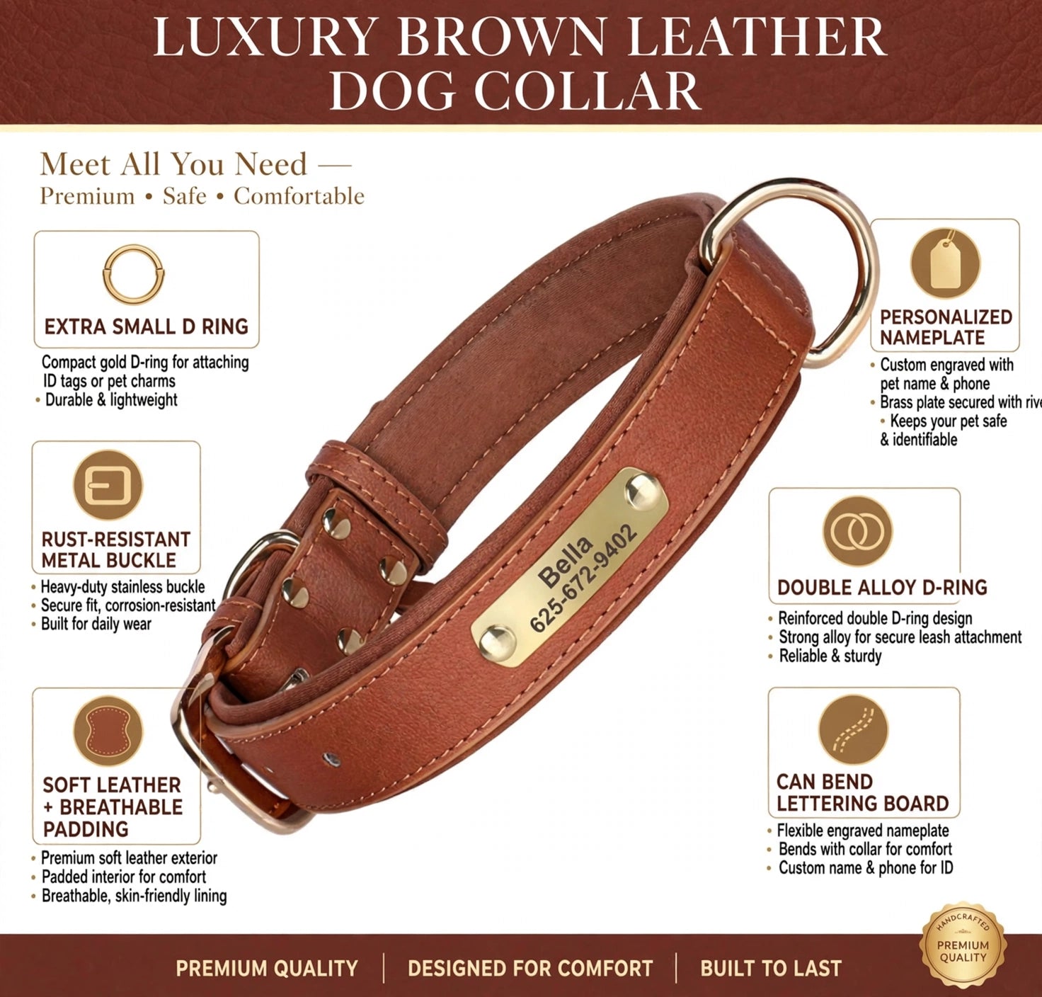 Personalized leather collar with free name engraving - soft, safe & stylish.