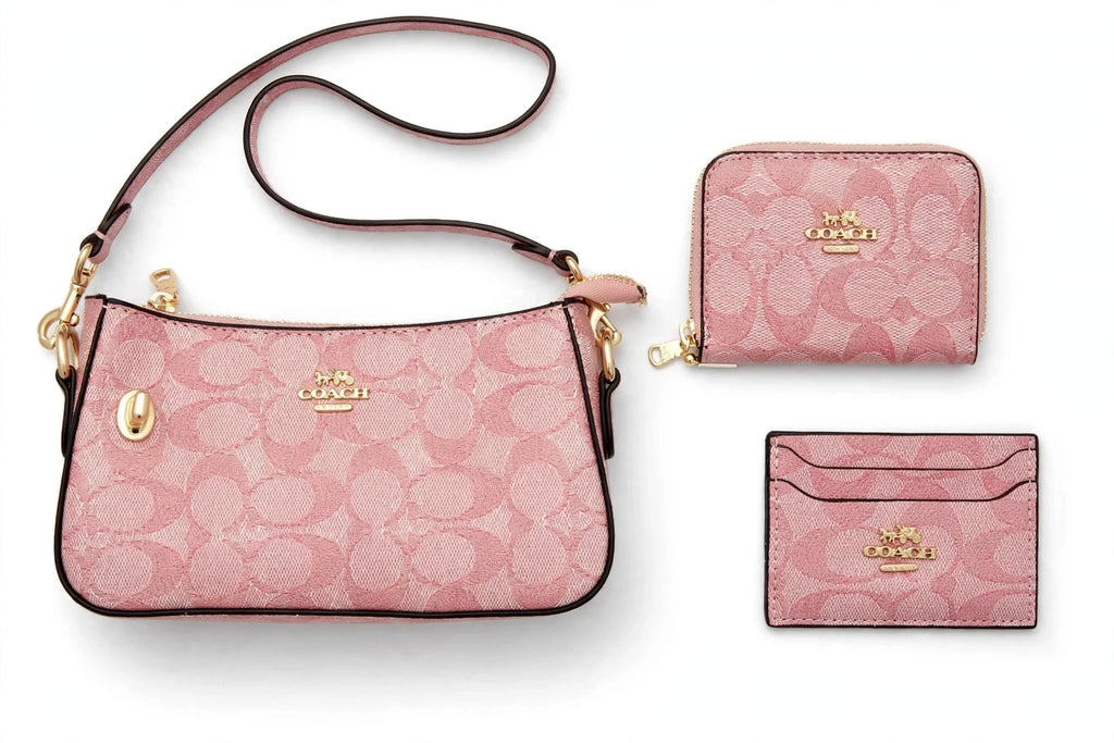 Pink Signature 3-in-1 Shoulder Bag Gift Set - Crossbody Bag + Wallet + Card Holder