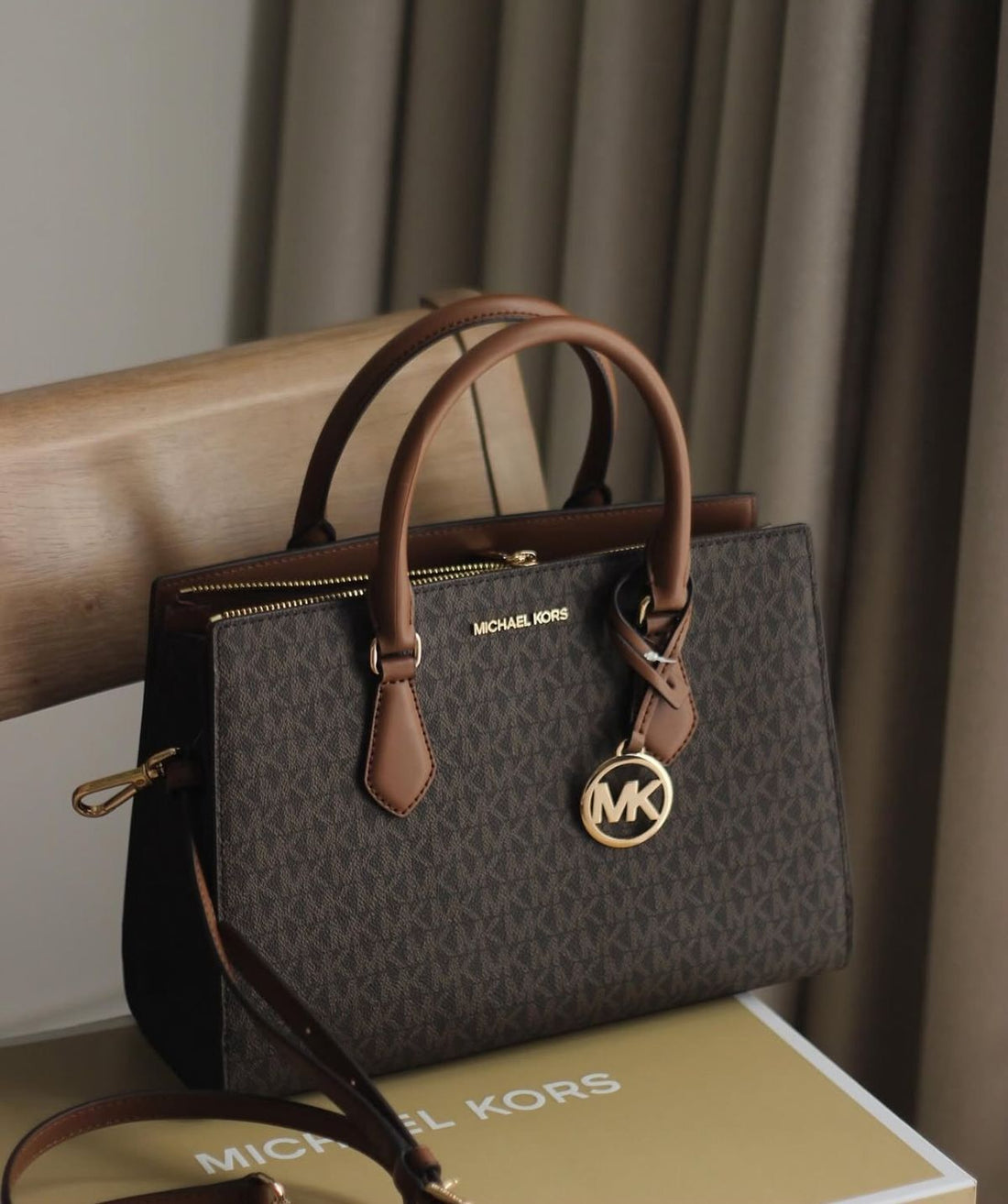 Michael Kors Brown Monogram Crossbody Bag with Top Handles